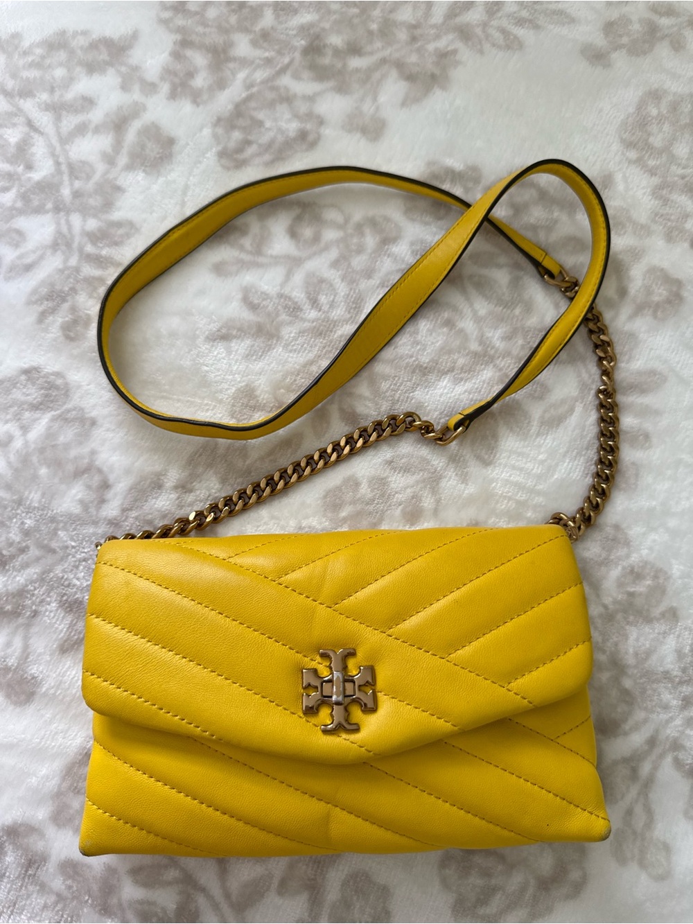 Tory Burch Kira Chevron Yellow Leather Small Shoulder Bag Crossbody